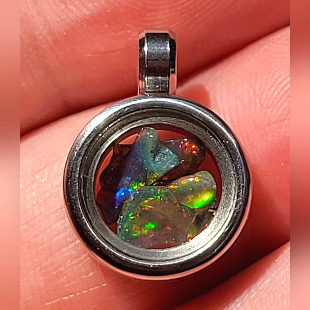 Stunning Natural Black Ethiopian Fire Opal Pendant .6" Stainless Steel Unisex